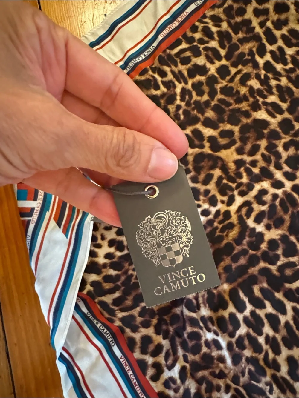 Vince Camuto Brown Leopard Print Square Scarf with Multicolor Striped Border